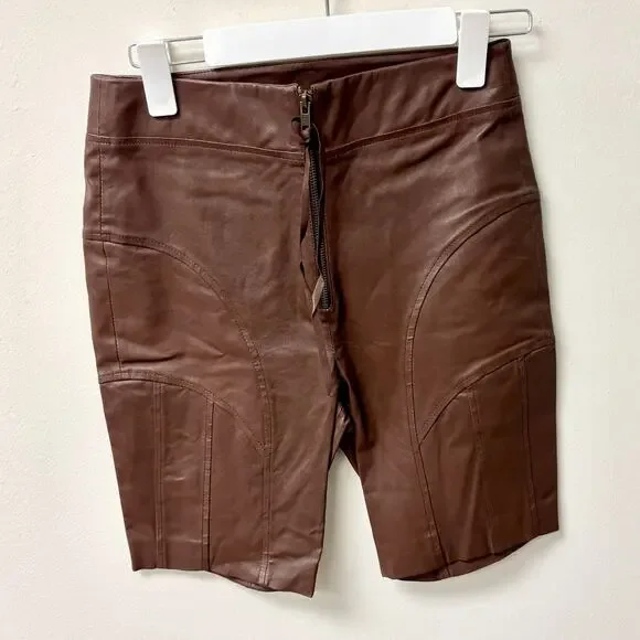 Retrofete Amanda Leather High Rise Flat Front Biker Shorts Brown Women´s Size S Bike Shorts
